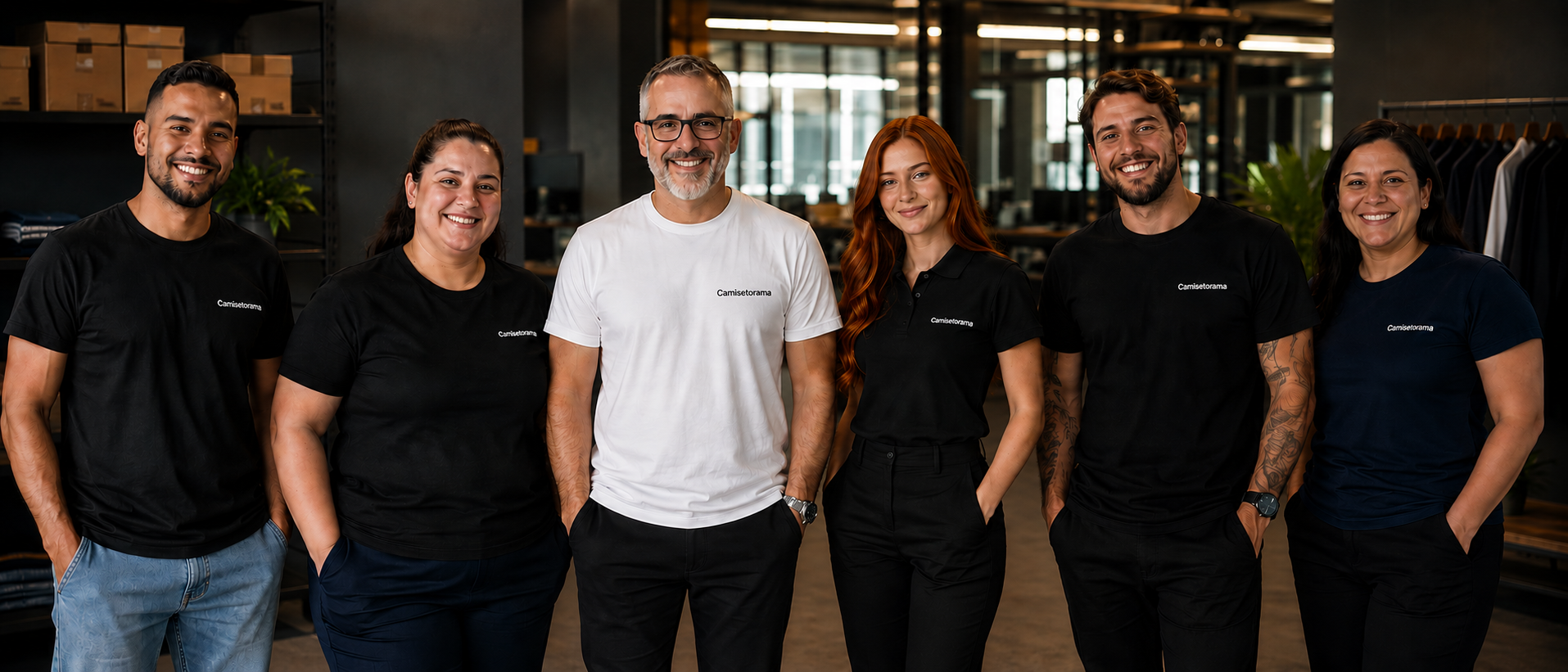 Equipe da Camisetorama, seis pessoas vestindo camisetas e polos personalizados com a marca