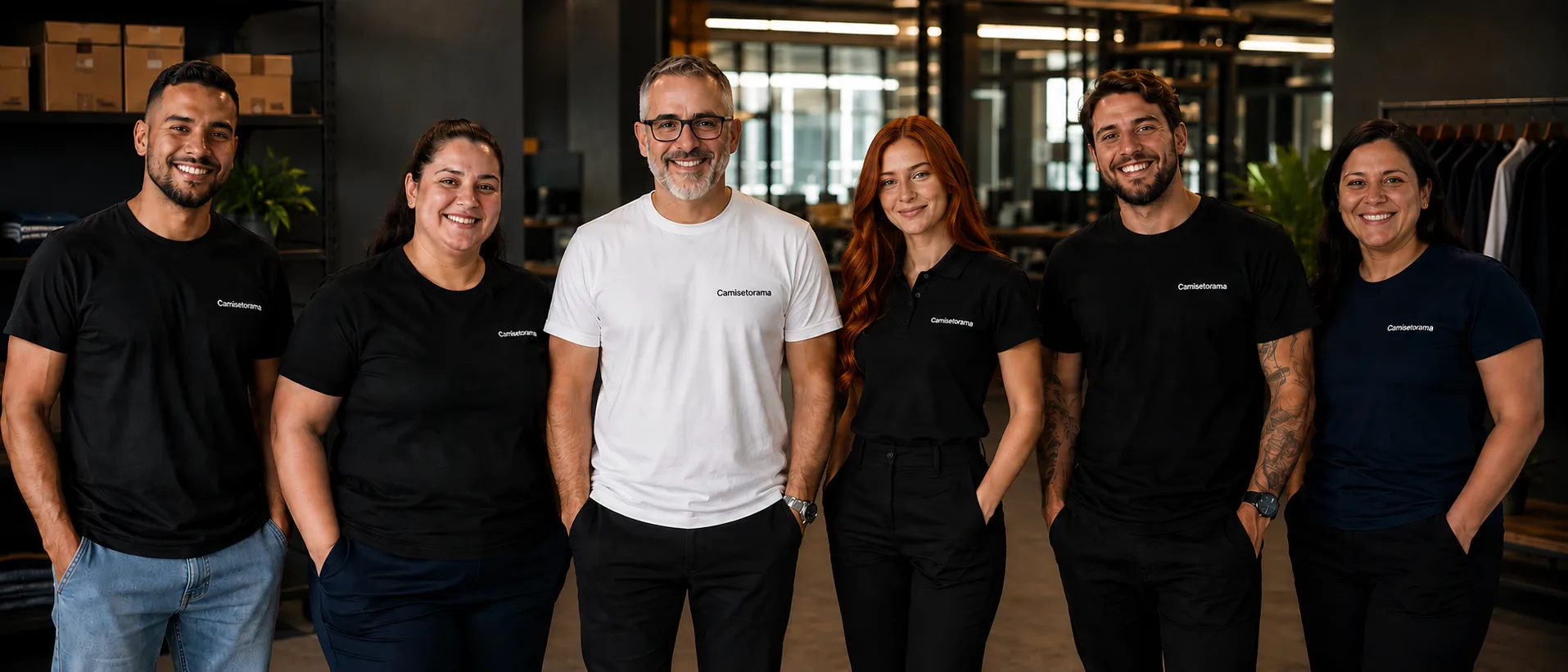 Equipe da Camisetorama, seis pessoas vestindo camisetas e polos personalizados com a marca
