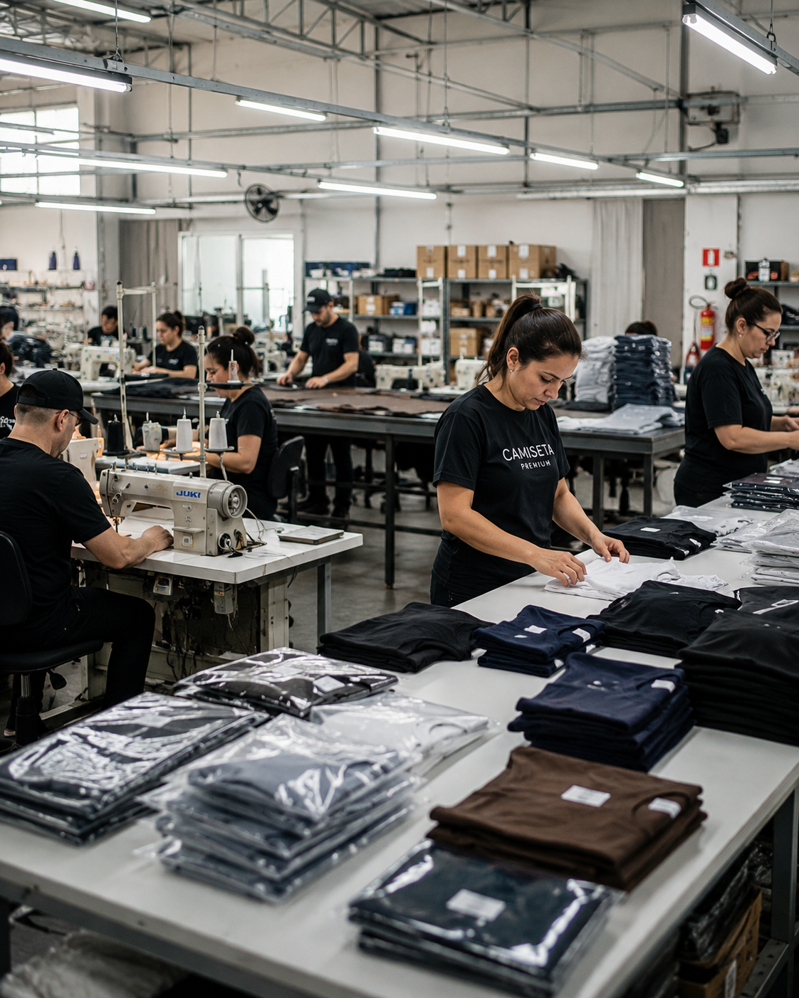 Equipe da Camisetorama trabalhando na produção de camisetas, com costura e dobra das peças