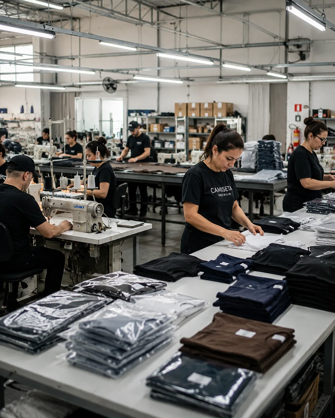 Equipe da Camisetorama trabalhando na produção de camisetas, com costura e dobra das peças