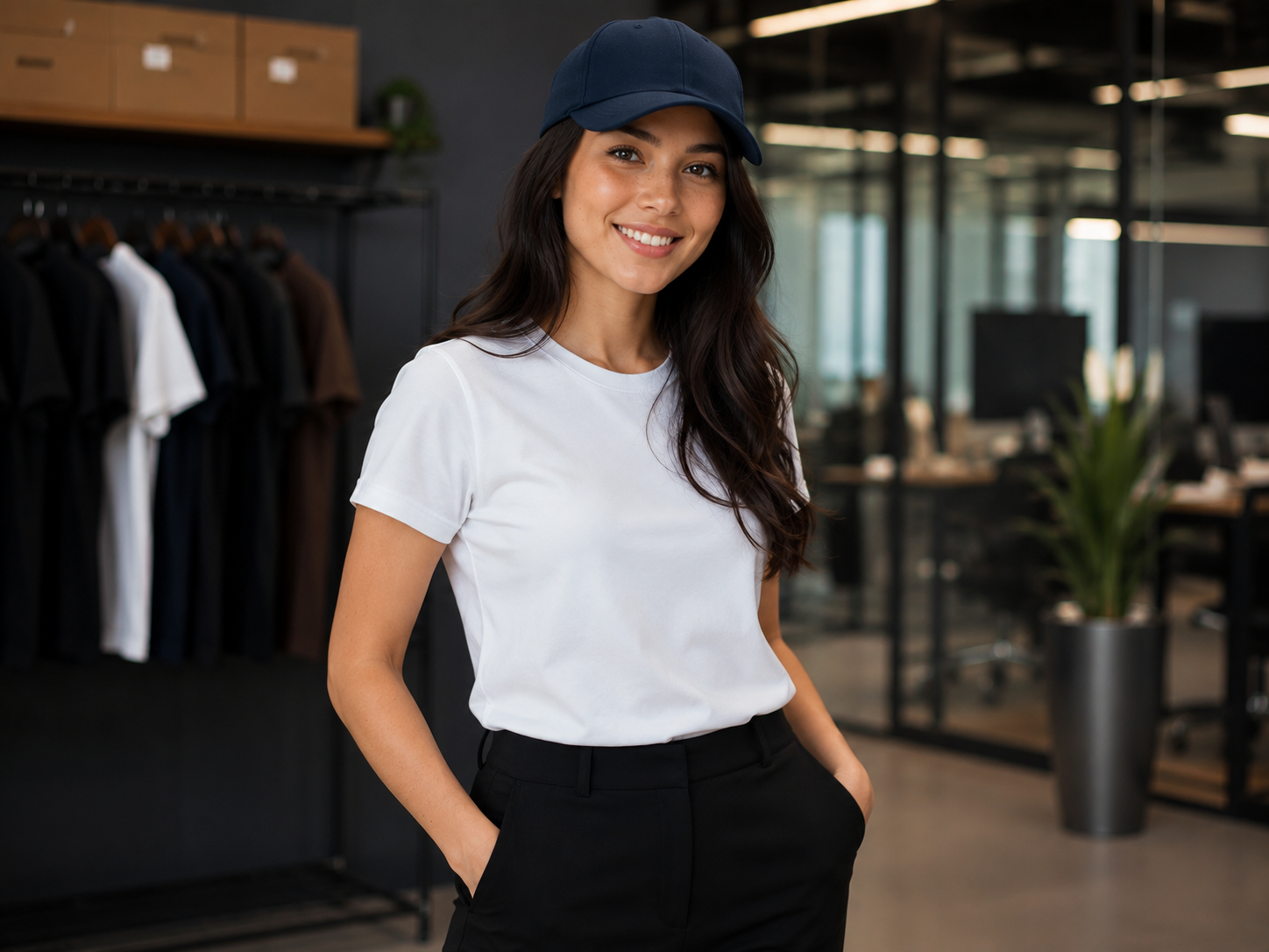 Modelo usando boné azul-marinho Camisetorama com camiseta branca