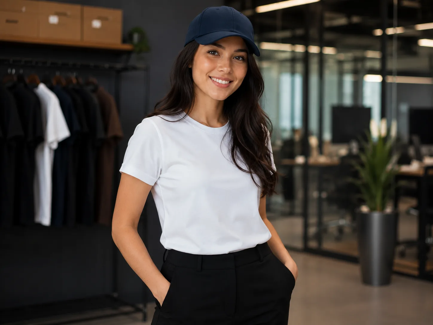 Modelo usando boné azul-marinho Camisetorama com camiseta branca