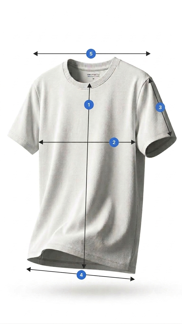 Camiseta com os pontos de medida numerados: 1 comprimento, 2 tórax, 3 comprimento da manga, 4 barra, 5 ombro a ombro