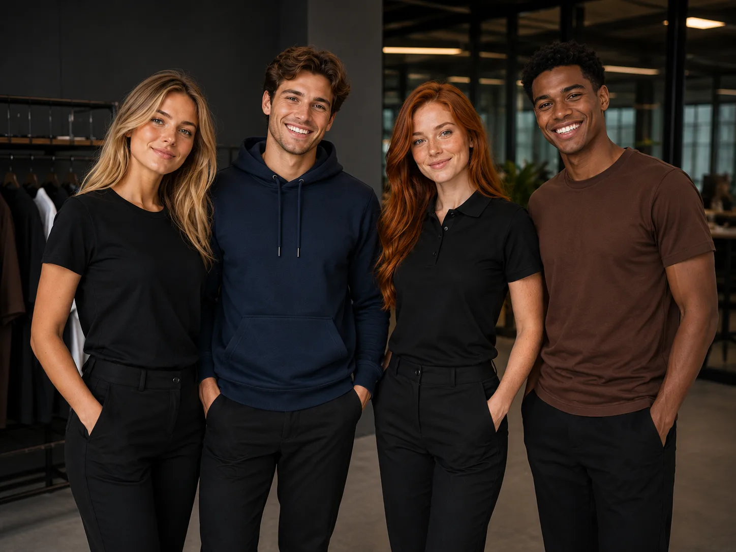 Equipe de quatro modelos vestindo o mix de peças da linha premium Camisetorama: camiseta, moletom e polo