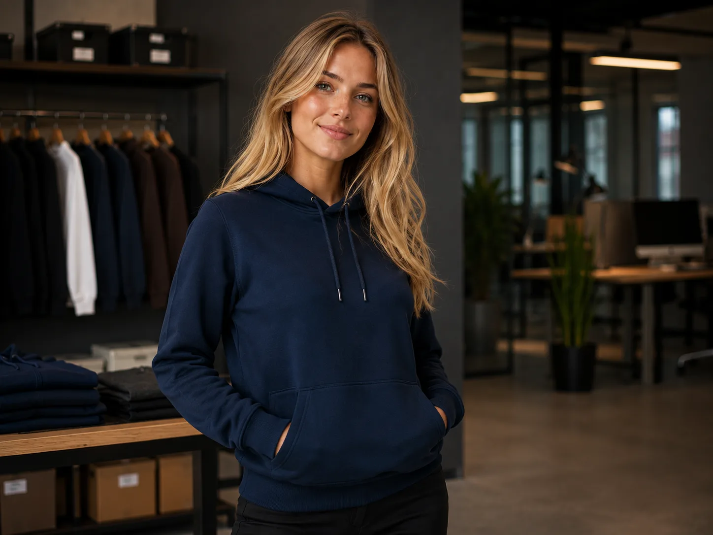 Modelo vestindo moletom com capuz azul-marinho Camisetorama em ambiente corporativo