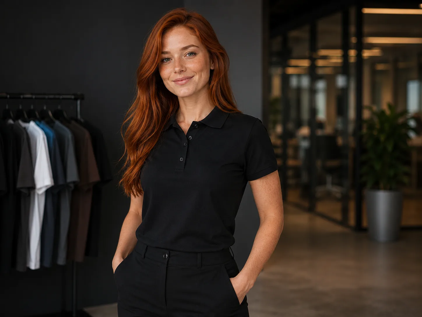 Modelo vestindo polo corporativa preta Camisetorama em ambiente de escritório